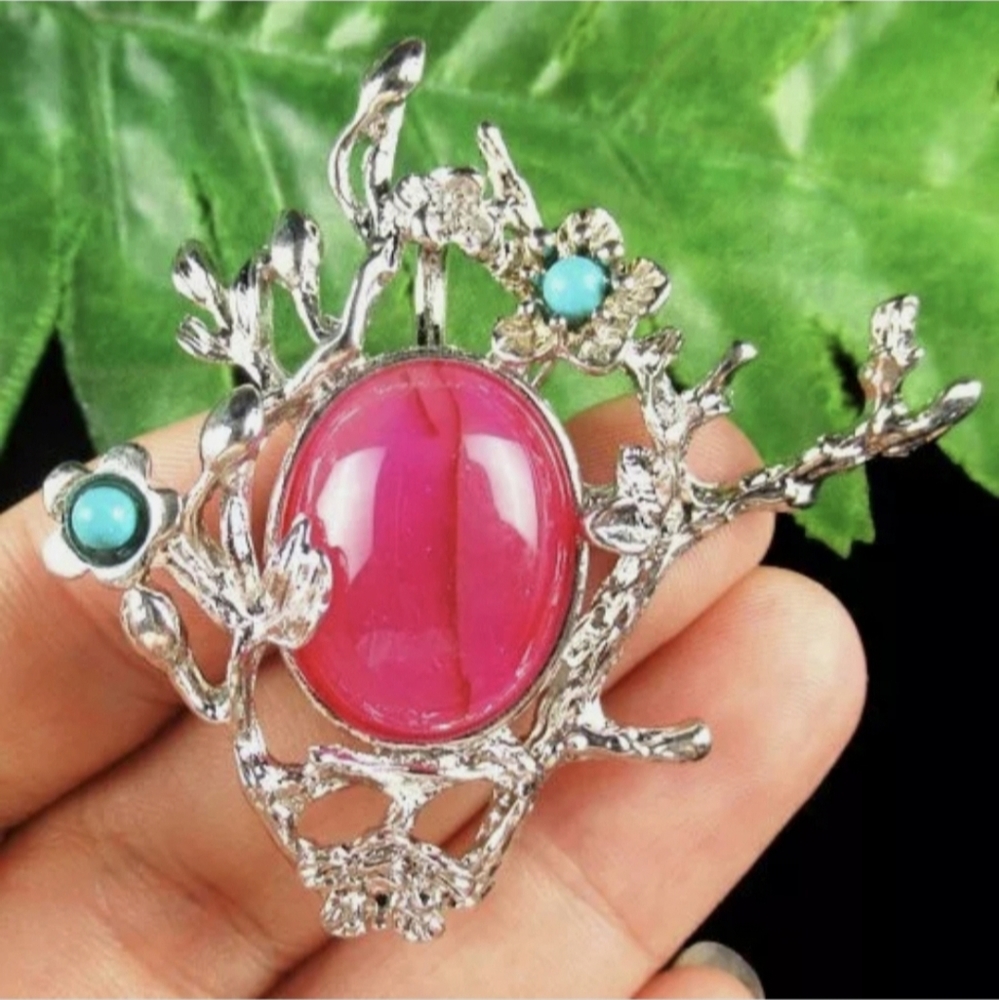 New Carved Copper Peach Blown Agate Oval Tree Branches Pin Brooch Pendant.